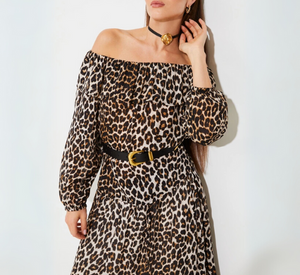 SUNCOO - Leopard Print Off the Shoulder Blouse in Beige and Black