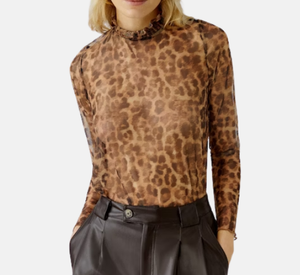 Oui - Mock Neck Animal Print Sheer Top in Camel and Grey