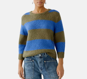 Oui - Stripe Sweater with 3/4 Sleeves in Khaki and Blue
