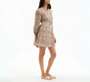Veronica Beard - Silk-Linen Long Sleeve Dress in Stone Khaki