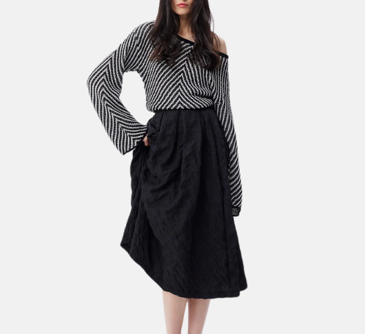 THEO - Calypso Plaid Box Pleat Midi Skirt in Black