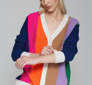 Villagallo - Multicolor Wide Vertical Stripe V-Neck Cardigan