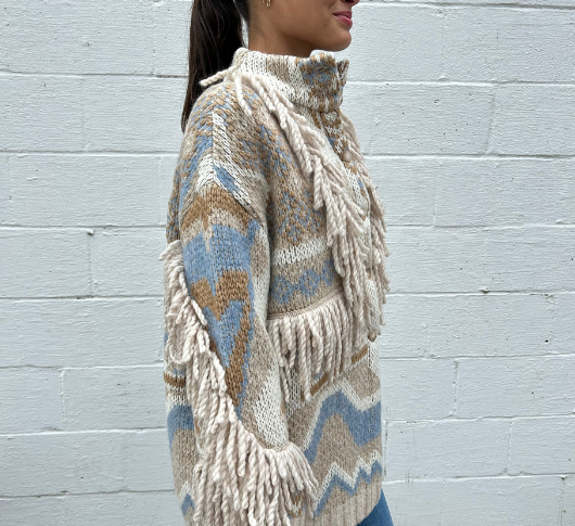 Tricot Chic - Geometric Print Fringe Sweater Coat