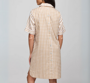 HINSON WU - Aileen Short Sleeve Stripe/Gingham Dress in Latte