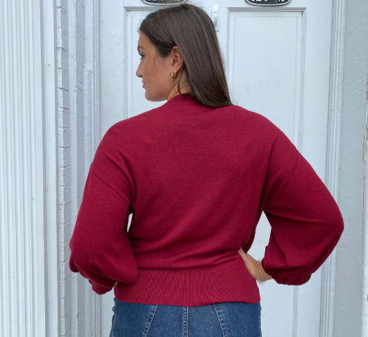 REPEAT Cashmere - Puffed Sleeve Crew Sweater in Cranberry