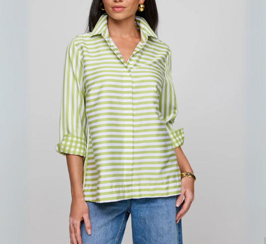 HINSON WU - Xena 3/4 Sleeve Stripe/Gingham Combo top in Lime