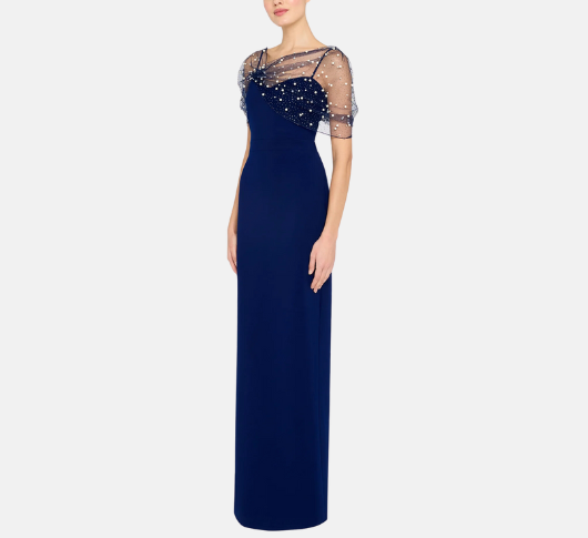 Theia - Louella Asymmetric Pearl Shawl Gown in Navy