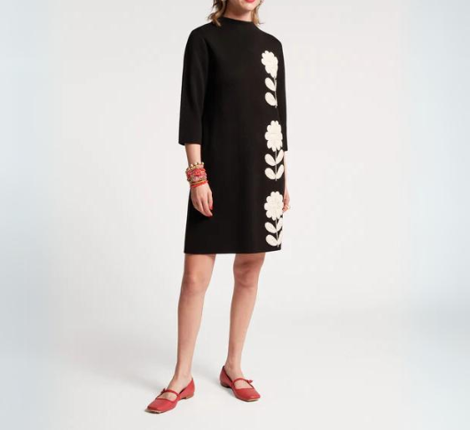 Frances Valentine - Annie Hi-Neck Posy Embroidered Wool Dress in Black and Oyster