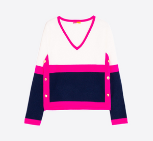 Vilagallo - Color Block Knit Sweater in Ecru/Pink/Navy