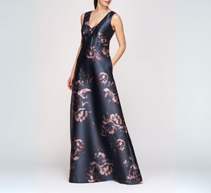 Kay Unger - Sleeveless Floral Print Long Gown in French Navy