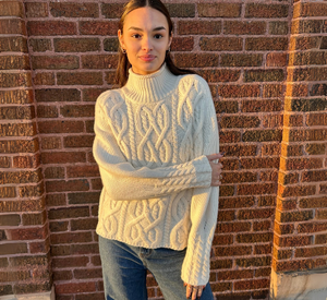 Repeat - Cashmere Crop Cable Knit Mock Neck Sweater in Cream