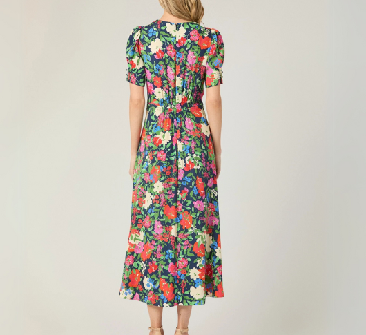 Shoshanna - Bryson Multicolor Floral Print Short Sleeve Silky Dress