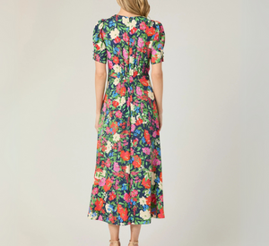 Shoshanna - Bryson Multicolor Floral Print Short Sleeve Silky Dress