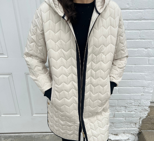 Nikki Jones - Chevron Quilted Mid-Length Coat in Oyster and Black