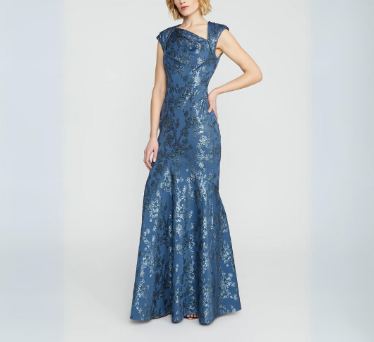 Theia - Beatrice Cap Sleeve Jacquard Floral Fit & Flare Gown in Mercury