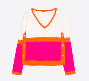 Vilagallo - Color Block Knit Sweater in Ecru/Pink/Orange