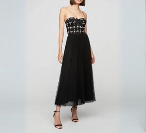 Theia - Alessia Pleated Mesh Strapless Gown with Rhinestones in Black