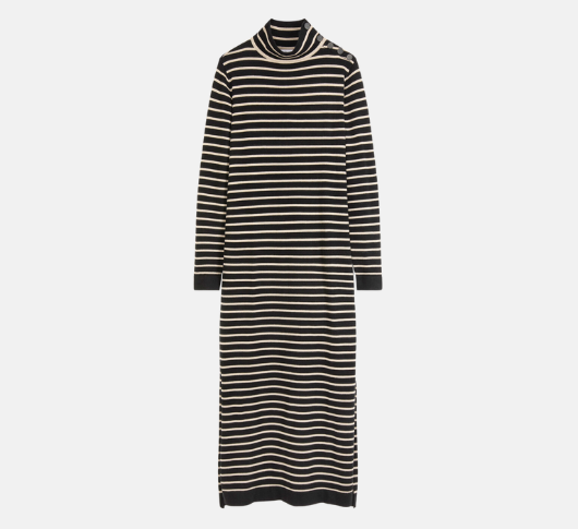 Suncoo - Chadela Striped Turtleneck Knit Sweater Dress in Black and Camel