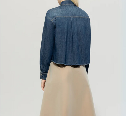 LUISA CERANO - Cropped Denim Raw Hem Blouse in Denim Blue