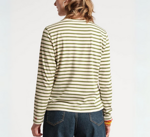 Frances Valentine - Long Sleeve Cotton Stripe Top in Oyster and Green