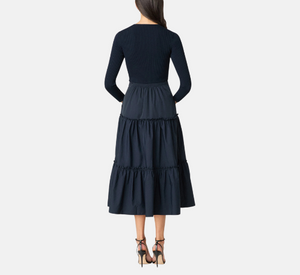 Shoshanna - Magda Long Sleeve Knit Bodice Tiered Dress in Navy