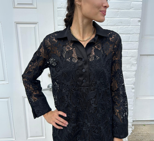 Hinson Wu - Aileen Long Sleeve Collared Lace Dress with Buttoned Back in Black