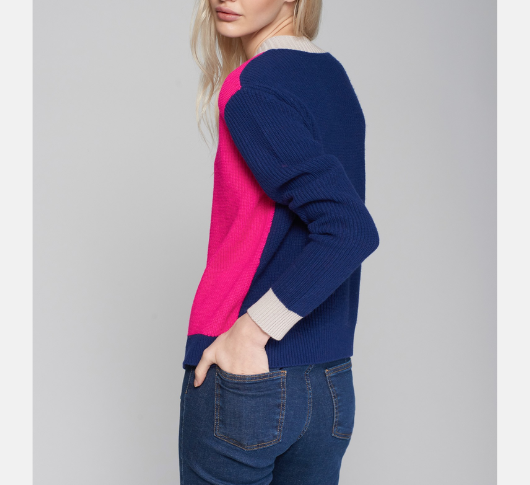 Vilagallo - Colorblock Button Crew Neck Cardigan in Pink, Orange, and Navy