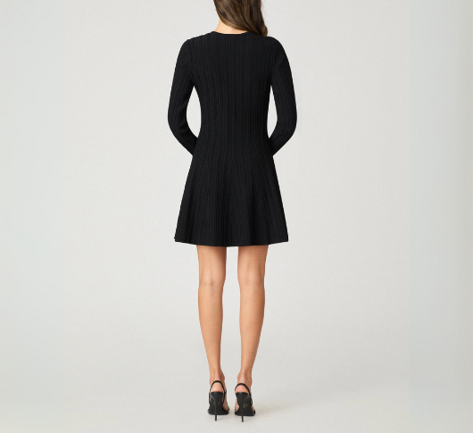 Shoshanna - Paris Long Sleeve Rib Knit Fit and Flare Dress with Bows in Black