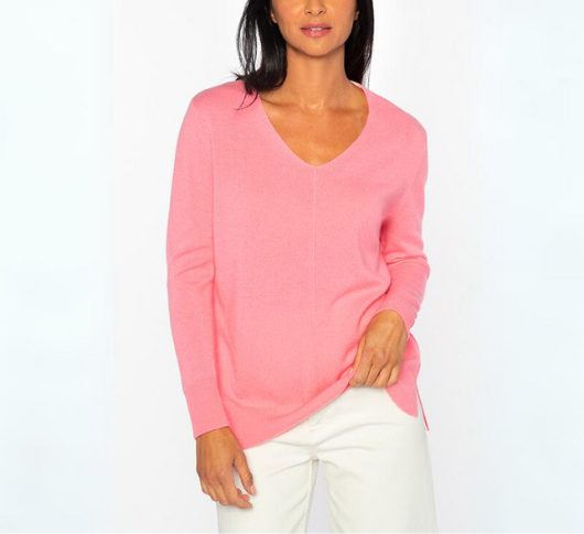 Kinross Cashmere - HiLow Seamed Cashmere Vee Neck in Rosa/Sol