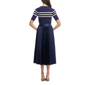 Shoshanna - Kiana Stripe Bodice with Solid Skirt in Navy and Ivory