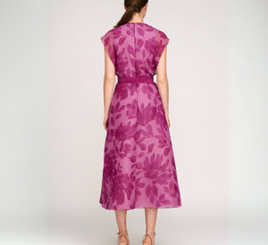 KAY UNGER - Brigid Tea Length Dress with Floral Design in Dark Purple