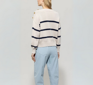 LUISA CERANO - Crop Striped Sweater with Gold Button Detailing in Navy and Cream