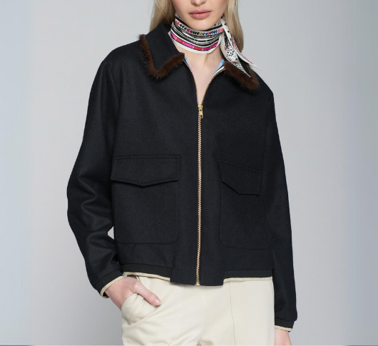 Vilagallo - Wool Bomber With Fur Trim in Black