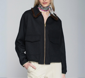 Vilagallo - Wool Bomber With Fur Trim in Black