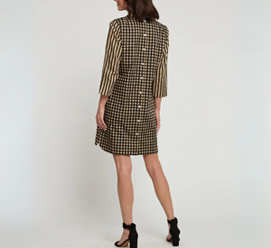 Hinson Wu - Aileen 3/4 Sleeve Button/Stripe/Gingham Dress in Latte/Black