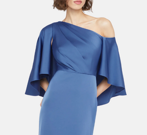 Theia - Kia Cape Bodice Satin Fit and Flare Gown in Celeste