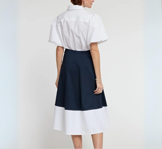 Hinson Wu - Gloria A-line Color-Block Skirt in Navy/White
