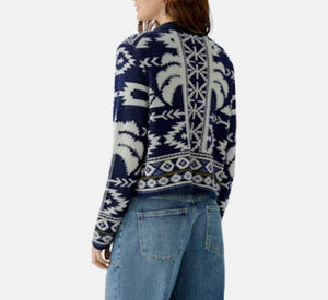 Oui - Fringe Cardigan Sweater in Dark Blue and White