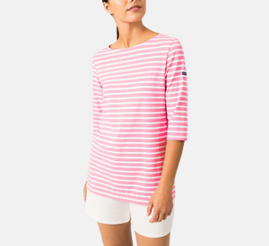 Saint James - Boat Neck Striped Tunic Top with Slits in White and Neon Pink