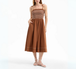 VERONICA BEARD - Poplin Smocked Midi Dress in Whiskey