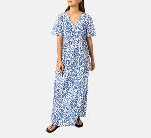 Saint James - V-Neck Floral Print Maxi Dress in White and Royal Blue