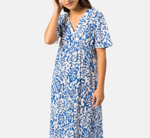 Saint James - V-Neck Floral Print Maxi Dress in White and Royal Blue