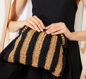 SUNCOO - Raffia Striped Pouch Bag in Black and Beige