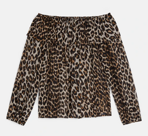 SUNCOO - Leopard Print Off the Shoulder Blouse in Beige and Black