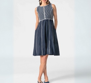 GRETCHEN SCOTT - Trapunto Tango Dress with Stripe Detailing in Navy and White