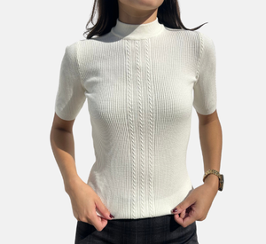 Tricot Chic - Short Sleeve Cabe Knit Top in Cream