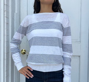 Kinross - Striped Long Sleeve Top in White and Indigo