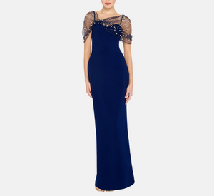 Theia - Louella Asymmetric Pearl Shawl Gown in Navy