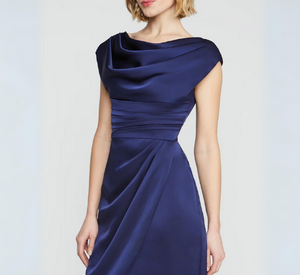 Theia - Ivy Drape Front Bateau Neck Cocktail Dress in Navy