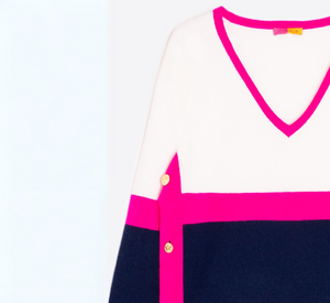 Vilagallo - Color Block Knit Sweater in Ecru/Pink/Navy